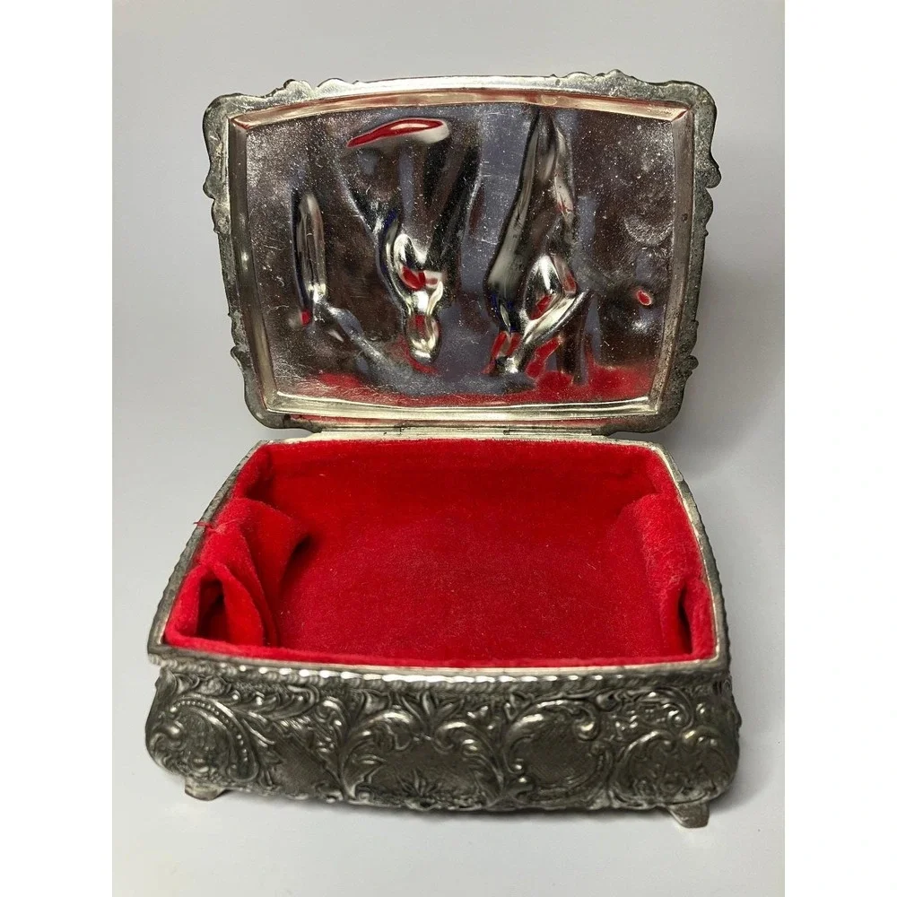 Vintage Japan Ornate Silver Tone Jewelry Trinket Box Victorian Courting Velvet